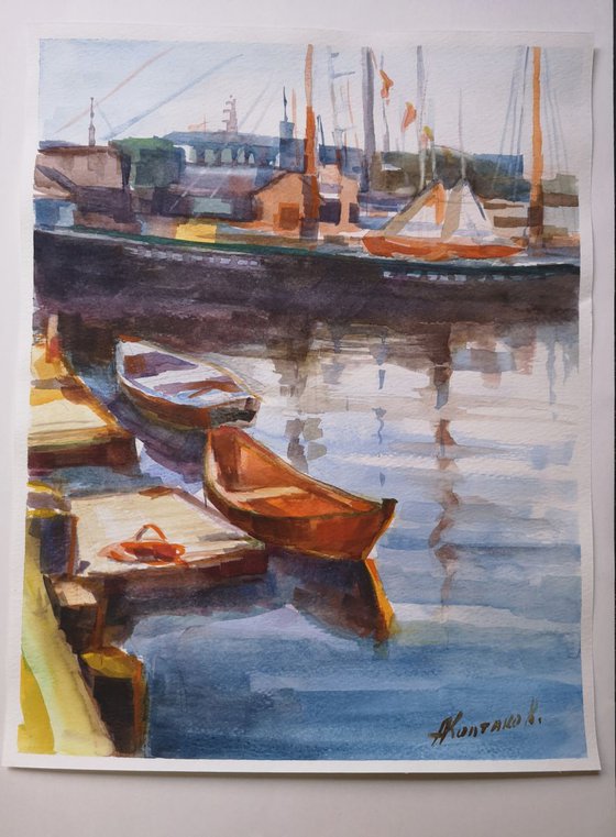 Resting boats, original, one of a kind, watercolor on paper seascape (11x14'')