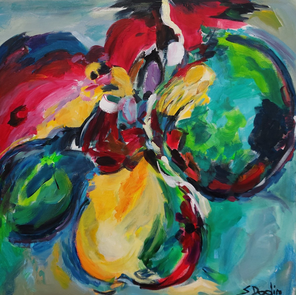 Abstract Acrylic Painting By Sylvie Dodin, 39 X 39", Flowers, Original Artwork