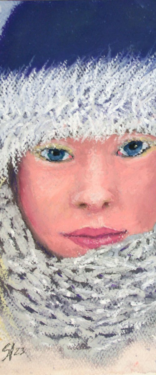 Girl ... winter day /  ORIGINAL OIL PASTEL PAINTING by Salana Art