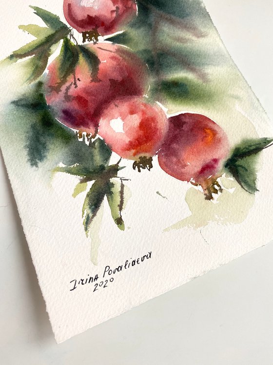 Pomegranates, 27,5x18,5 cm watercolor, red, still life, gift, small size