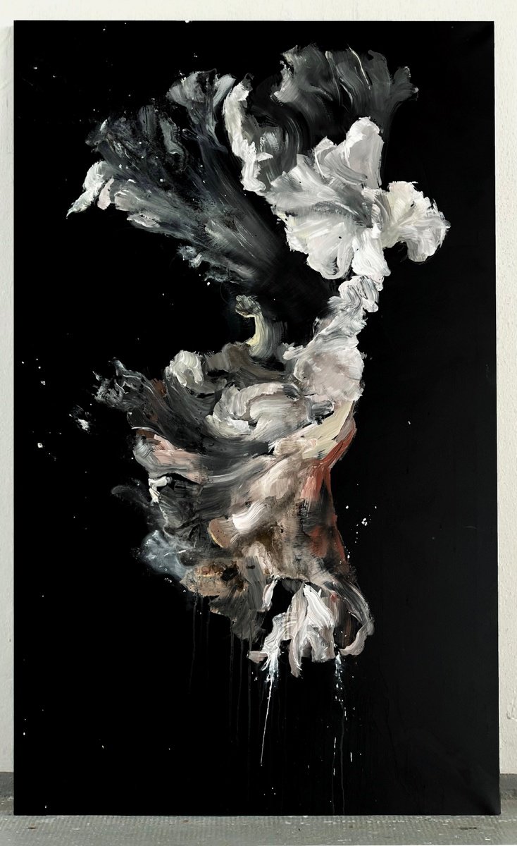 Impressionistic Abstract Acrylic Painting By Rosi Roys, 39 X 59", Black And White Flower 8, Original Artwork