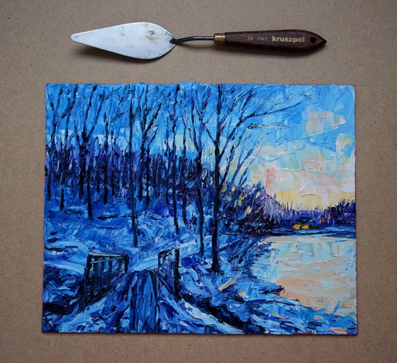 Christmas original oil painting on canvas, Winter twilight forest, snowy landscape, cozy hygge gift