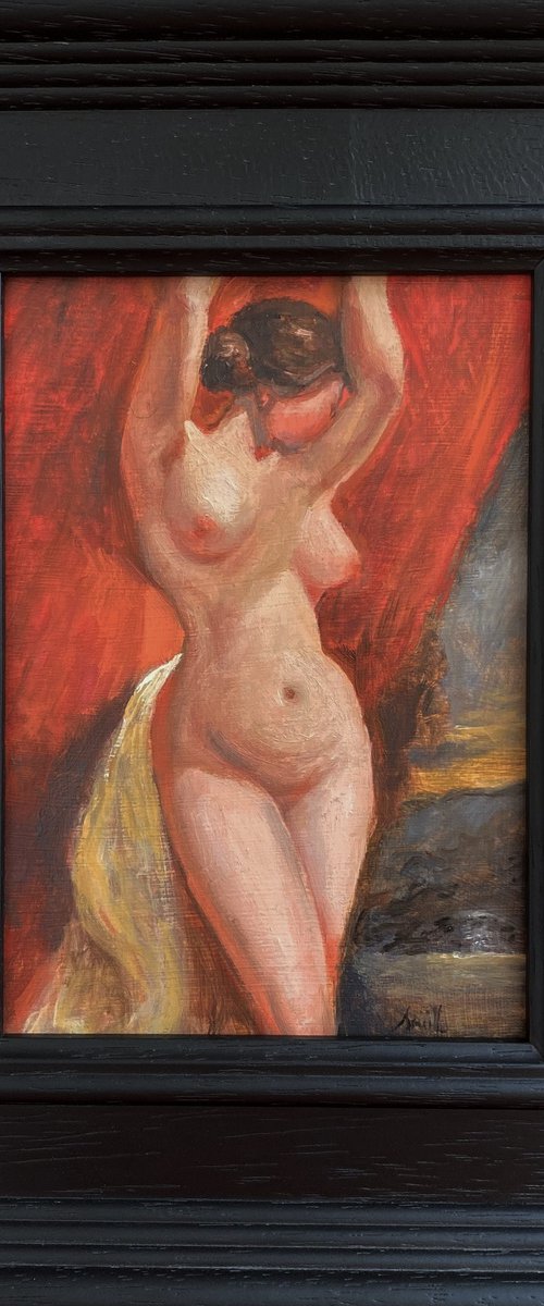 Old Master style female nude figure oil painting, with wooden frame. by Jackie Smith