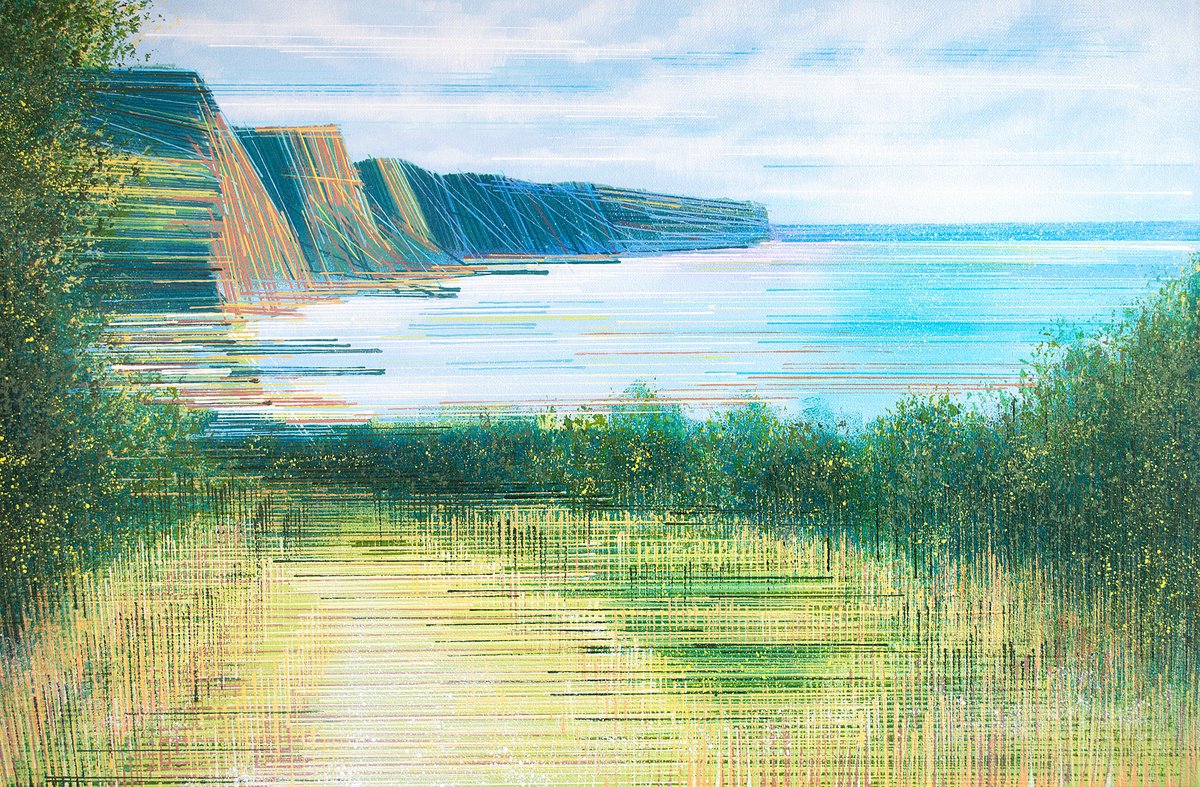 Impressionistic Landscape Acrylic Painting By Marc Todd, 30 X 20", Devon Coastline In Summer, Original Artwork