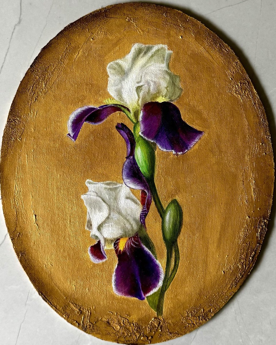 Photorealistic Still Life Oil Painting By Priyanka Singh, 8 X 10", Irises On Gold, Original Artwork