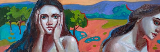 Duality. Two girls with abstract landscape