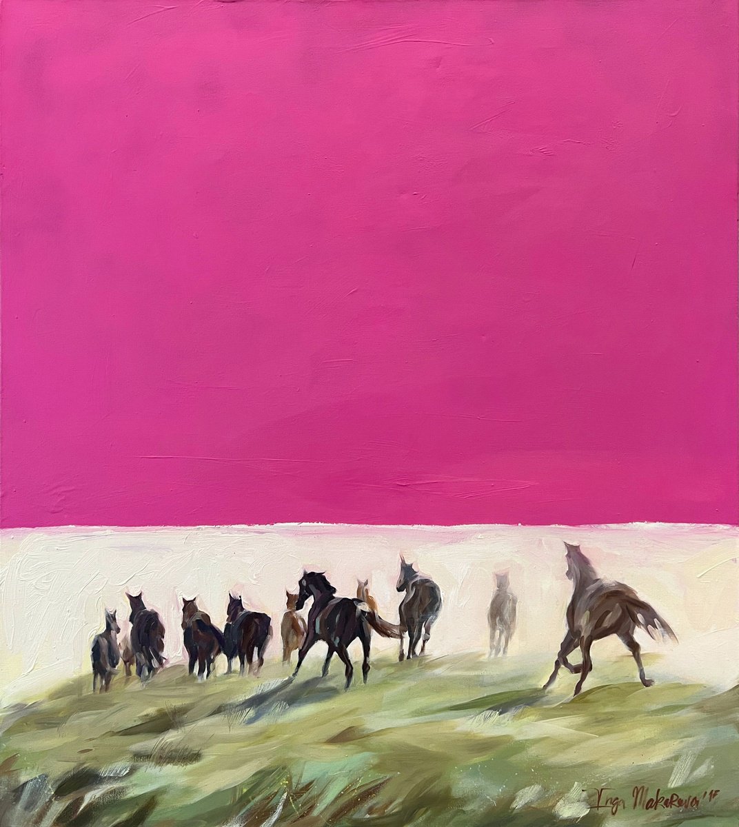 Surrealistic Animal Oil Painting By Inga Makarova, 31 X 35, Pink Sky, Original Artwork