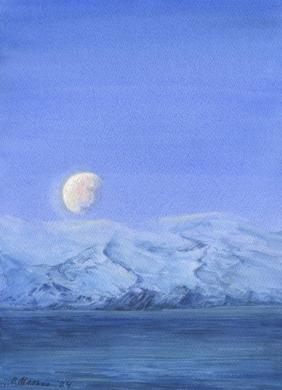 Somewhere in Iceland. Half-moon (Third Quarter) /ORIGINAL watercolor ~11x14in (28x38cm)