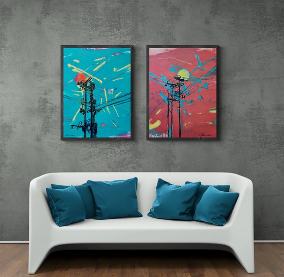 Big diptych - "Red and Blue" - Pop art - Bright - Street art - Sunset - Diptych - Big painting