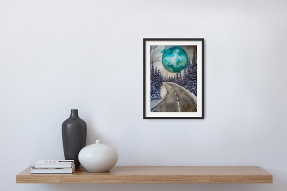 Winter landscape with green moon