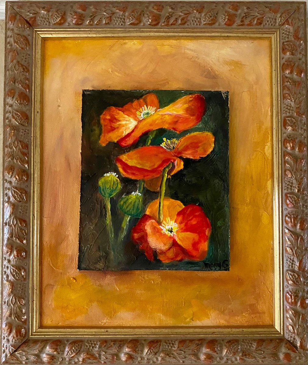 Gorgeous Poppy flowers in golden frame by Mary Gullette