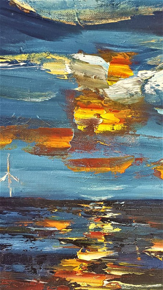 The Red Moon & The Windmills - a midnight semi abstract  seascape