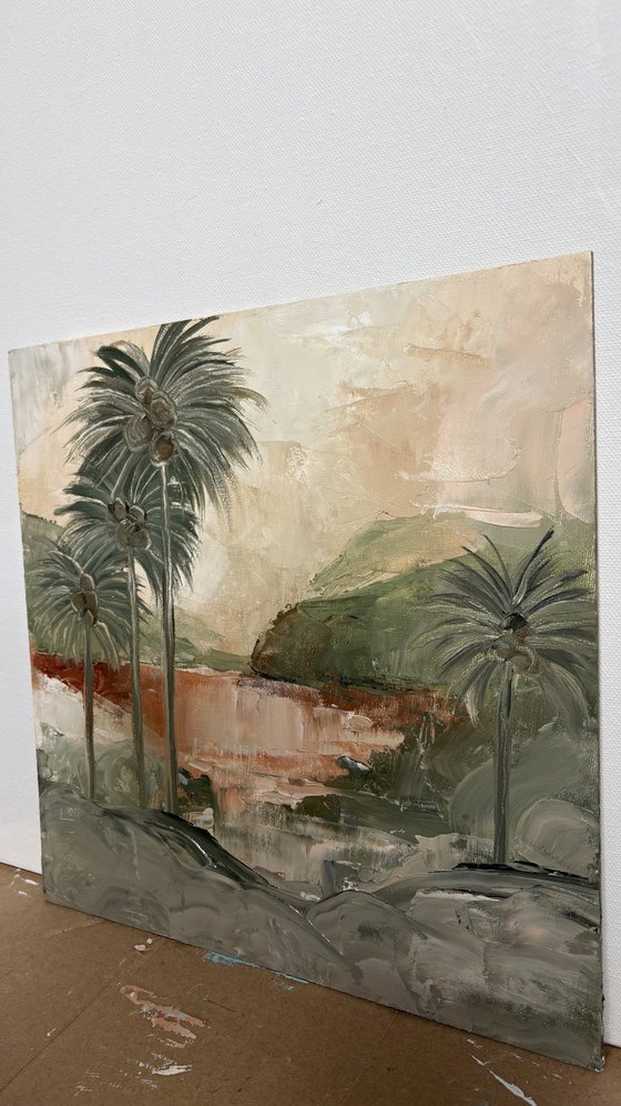 Tropical Reverie Palm Trees, Hills, Water