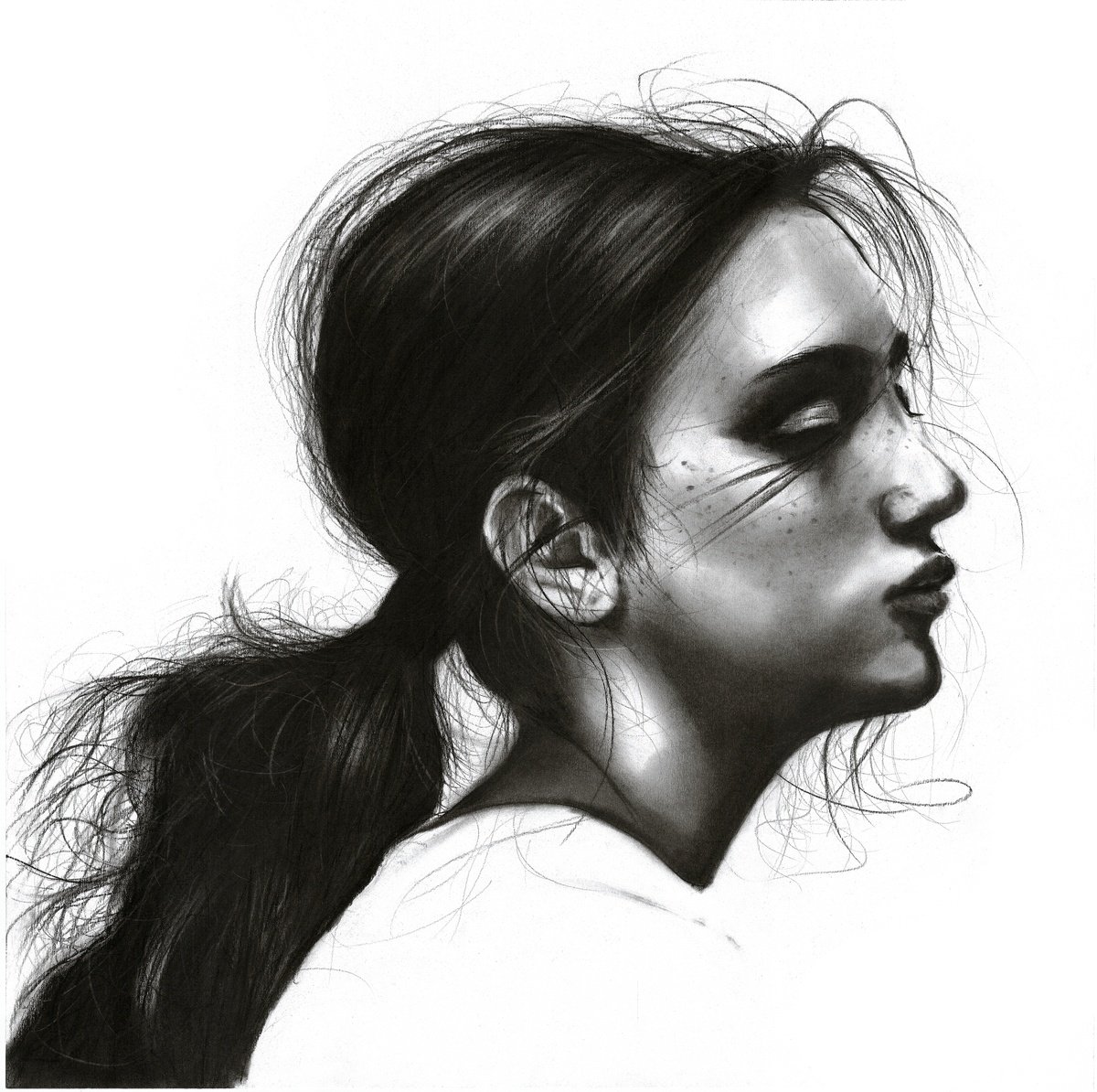 Photorealistic Portrait Charcoal Drawing By Denny Stoekenbroek, 14 X 14, Simone, Original Artwork