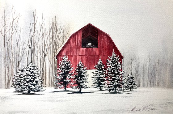 Red barn winter scene