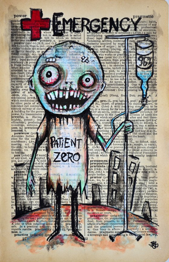 Patient Zero - Painting Collage Art on Real English Dictionary Vintage Page