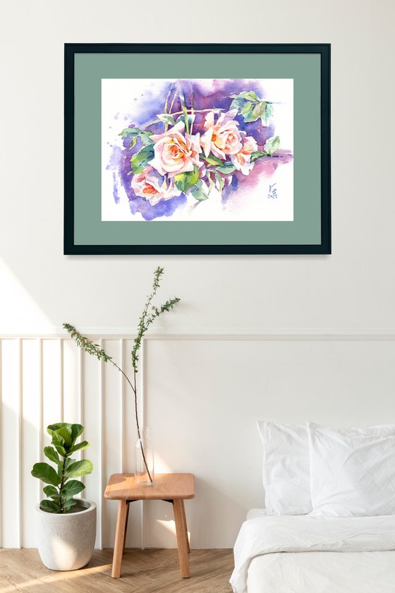 "Purple garden twilight. Orange roses and intertwining branches"  original watercolor