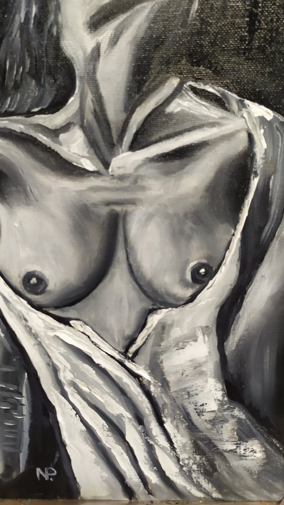 In silence, nude erotic black and white oil painting, gift art, bedroom painting