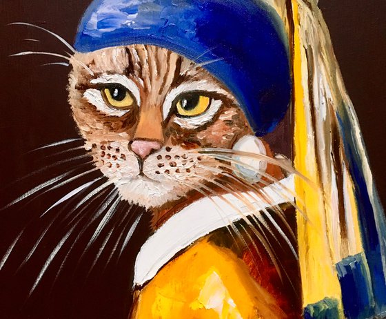 Cat with the pearl earring inspired by Vermeer painting feline art for cat lovers gift idea