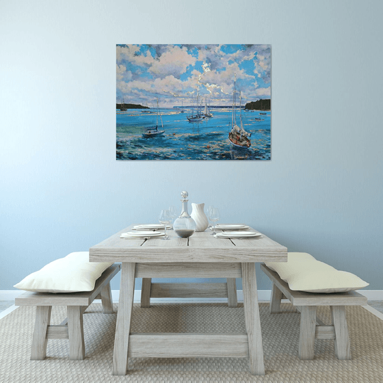 Morning on the bay (mixed-media, acrylic and gold leaf) (36x48x1.5")