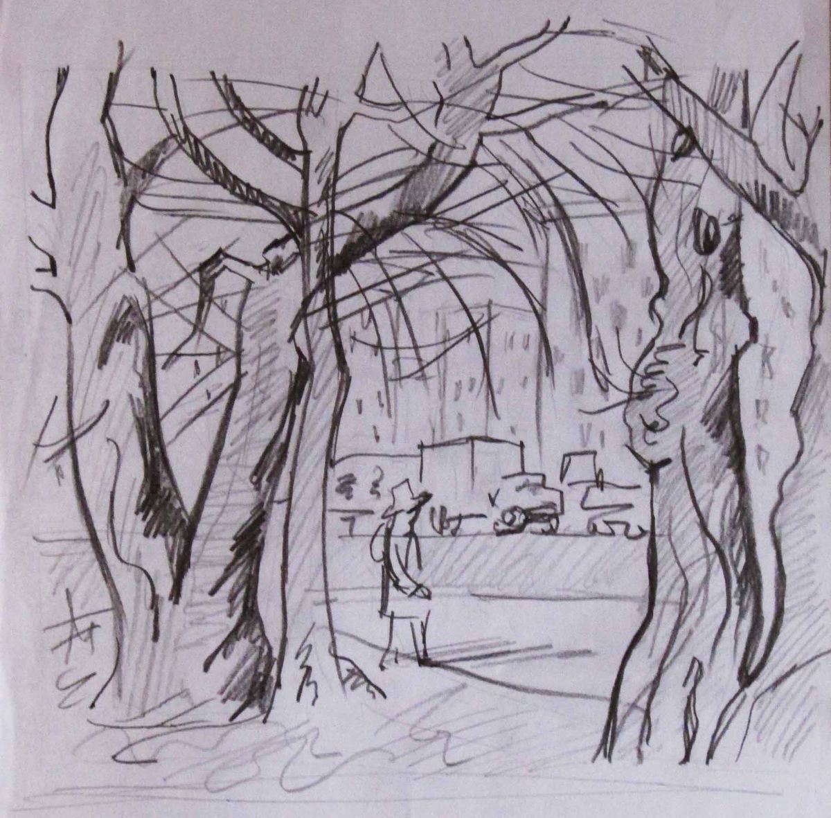 Graphic Cityscapes Pencil Drawing By Kateryna Bortsova, 8 X 8", City Life, Original Artwork