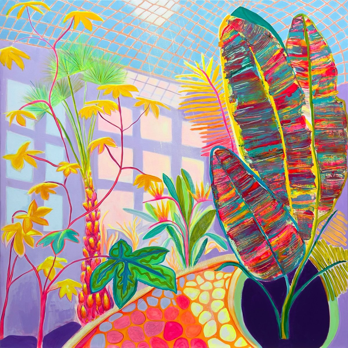 Organic Botanical Acrylic Painting By Kathryn Sillince, 37 X 37", 