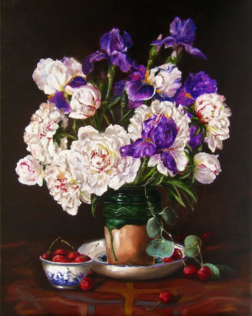 White Peony and Purple Irises by Natalia Shaykina