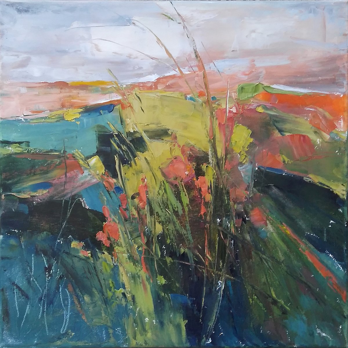 MERRY MEADOW, 40x40cm, spring fields abstract landscape by Emilia Milcheva