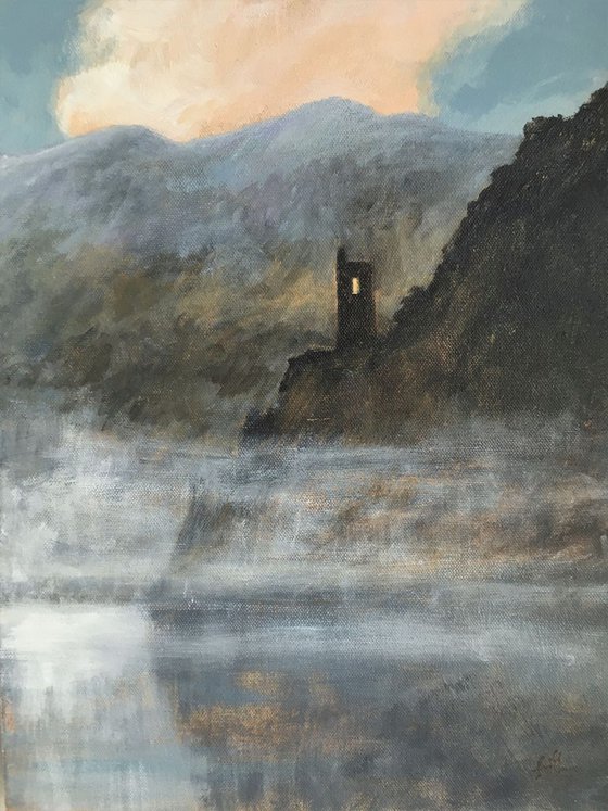 Castle in the Mist. Semi abstract classical landscape on canvas 40x30cm.