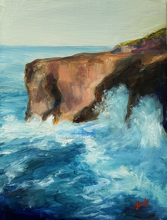 Original art oil painting Impressionist summer seascape sea cliffs.
