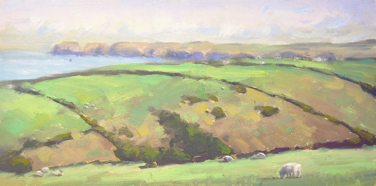 Impressionistic Landscape Oil Painting By Kristina Sellers, 17 X 9", Cornwall Pastures, Original Artwork