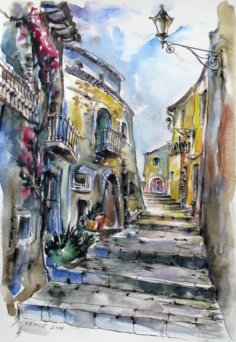 Impressionistic Cityscapes Watercolour By Szekelyhidi Zsolt, 9 X 13", Walk Around Old Town Vence, Original Artwork