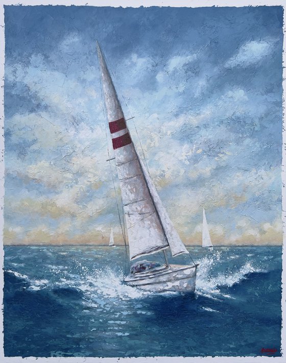 “SEASCAPE #18 WITH SAILBOATS”