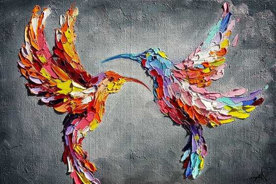 Kiss in flight - hummingbirds, birds, oil painting, love