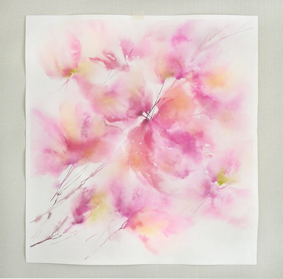 Soft pink flowers. Watercolor loose floral bouquet