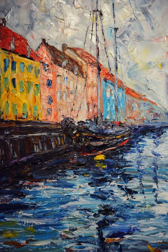 Original oil painting Harbour Nyhavn in Copenhagen