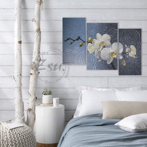 WHITE ORCHIDS  acrylic painting on canvas, 3 piece set