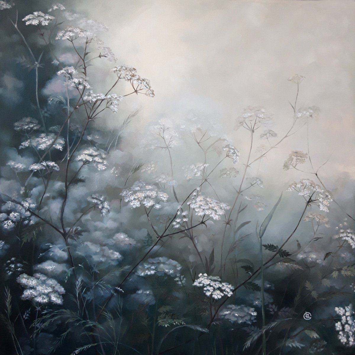 Photorealistic Botanical Oil Painting By Natalia Langenberg, 31 X 31", Wildflowers In Morning Mist, Original Artwork