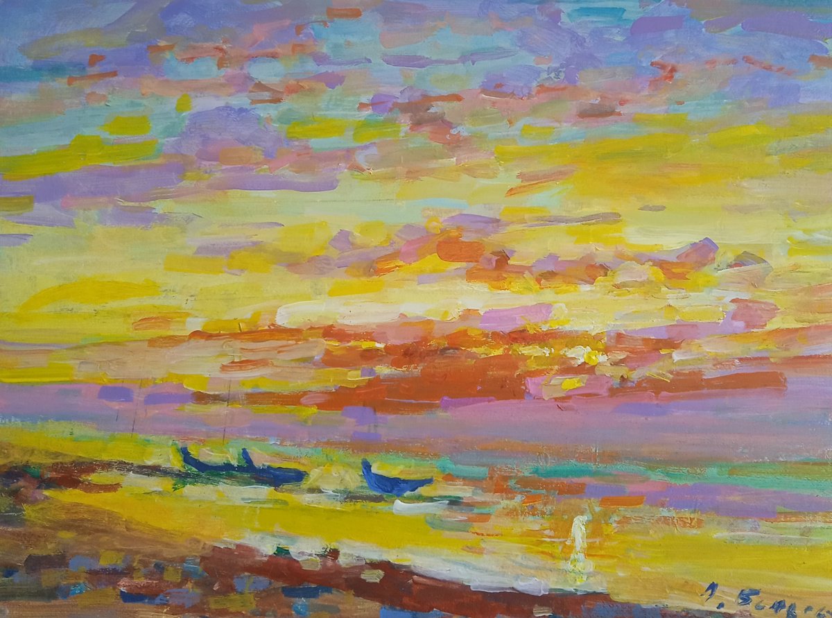 Impressionistic Landscape Acrylic Painting By Oleksandr Bielskyi, 16 X 12", Morning On The Sea, Original Artwork