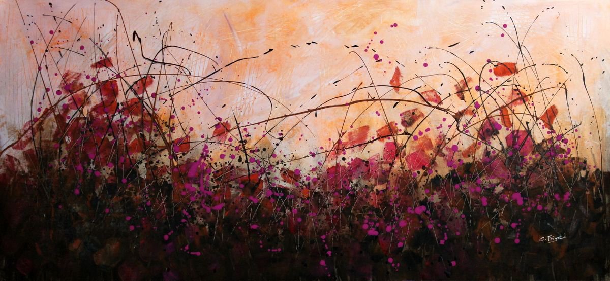 Expressive Botanical Acrylic Painting By Cecilia Frigati, 59 X 27, Fall-Ing In Love, Original Artwork