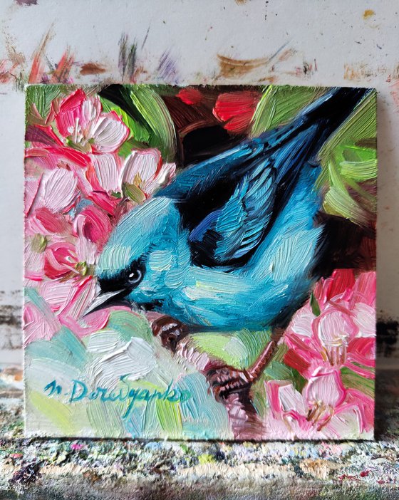 Turquoise honeycreeper bird on brunch blossom painting original 4x4, Bird and flower oil artwork gift for girl friend