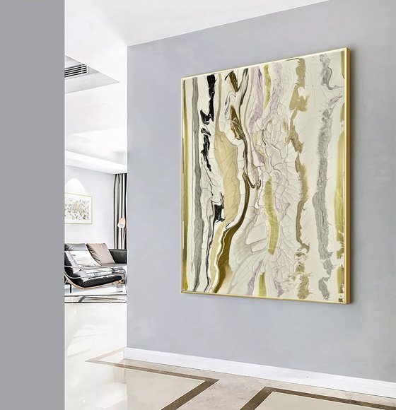 Gold White Abstract painting. Desert.