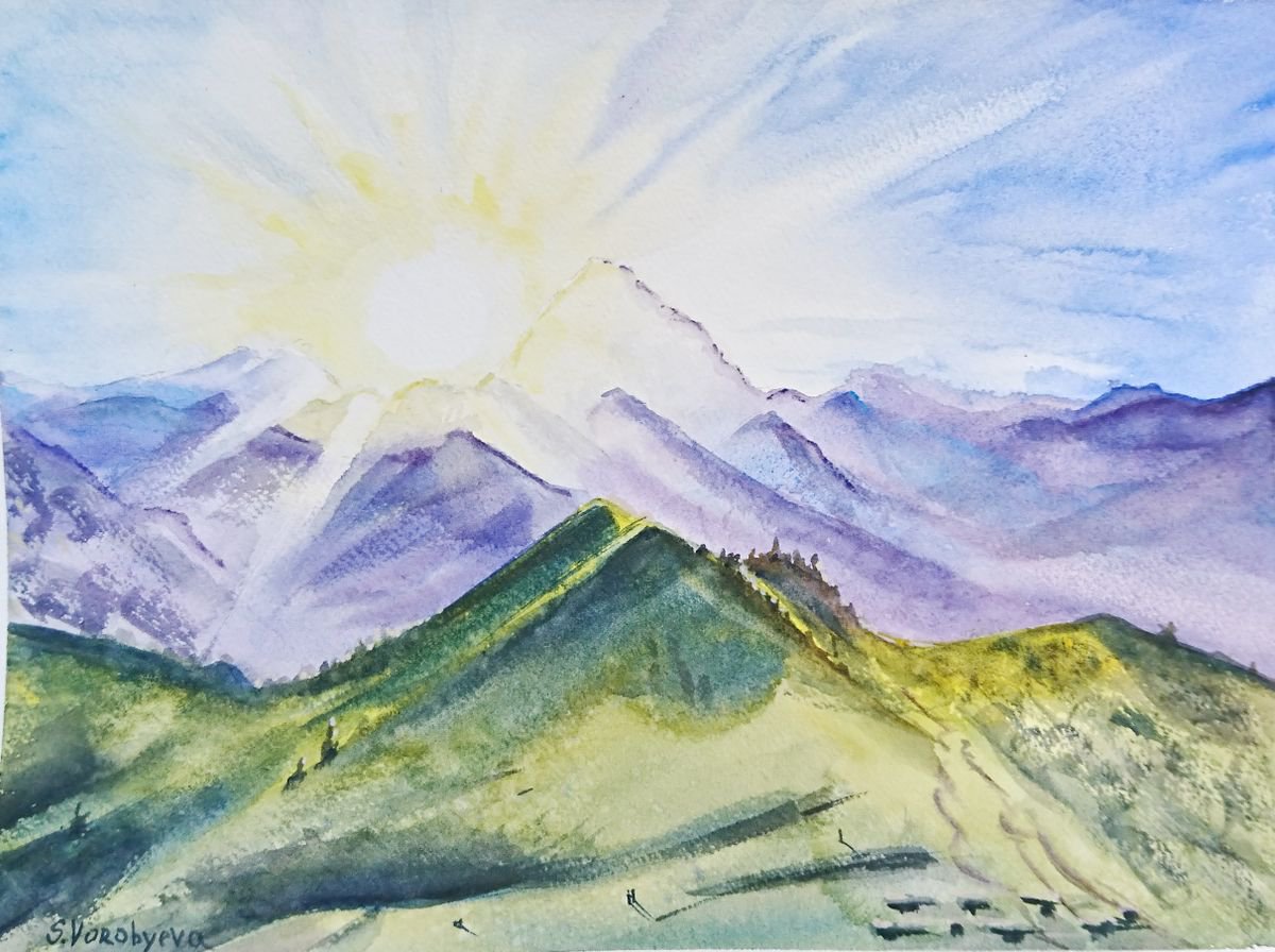 Sunrise. Watercolor painting on paper. Landscape. Original artwork by Svetlana Vorobyeva