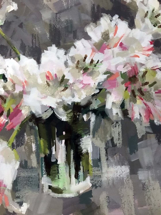 white spring tulips. One of a kind, original painting, handmade work, gift.