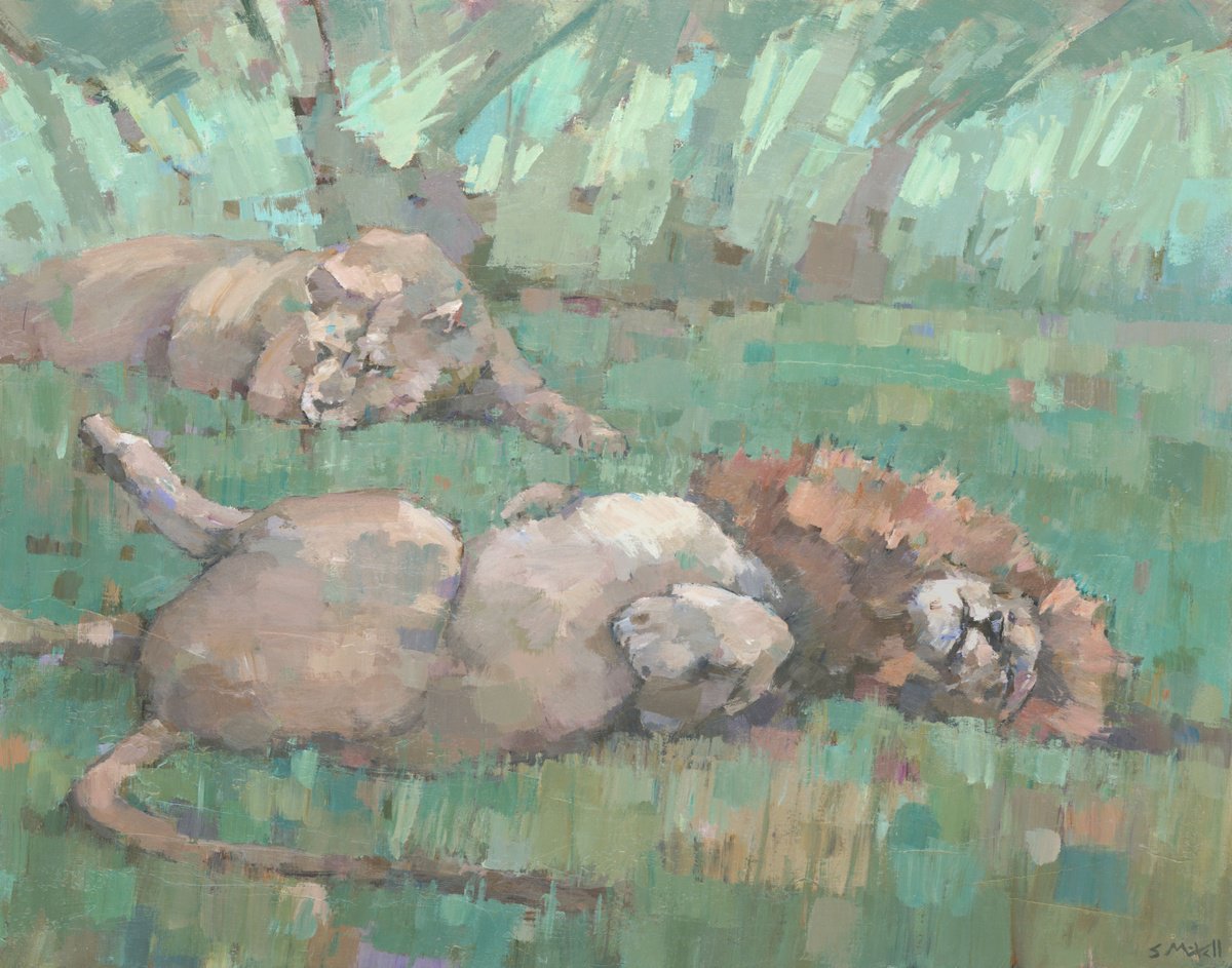Impressionistic Animal Acrylic Painting By Steve Mitchell, 31 X 25", Resting Royals, Original Artwork