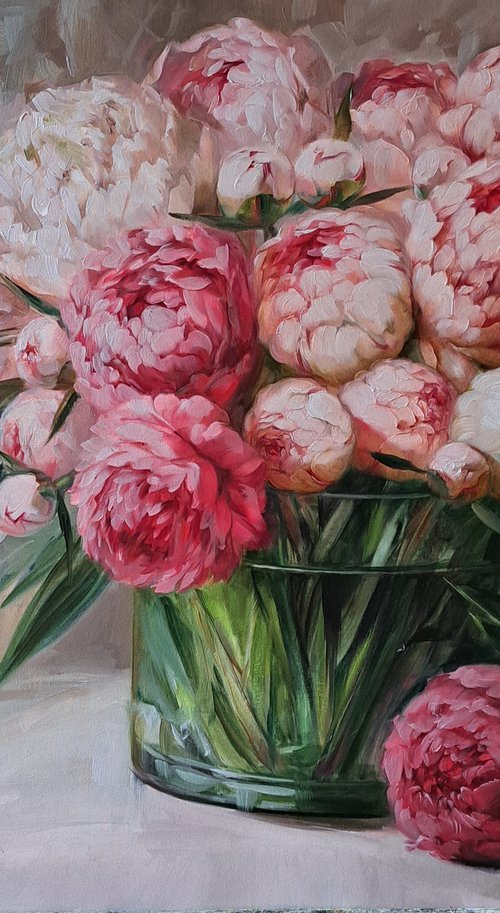 Peonies in a glass vase by Nataly Derevyanko