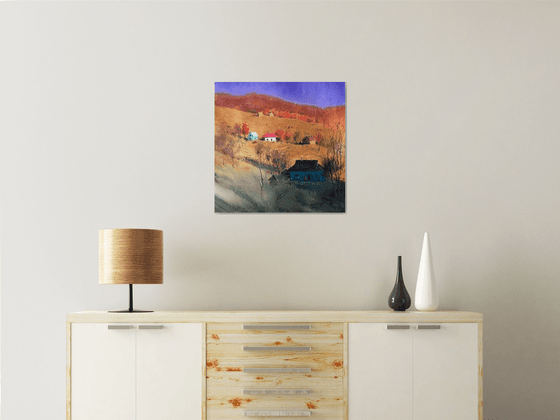 Before sunset in the mountains autumn Original watercolor painting