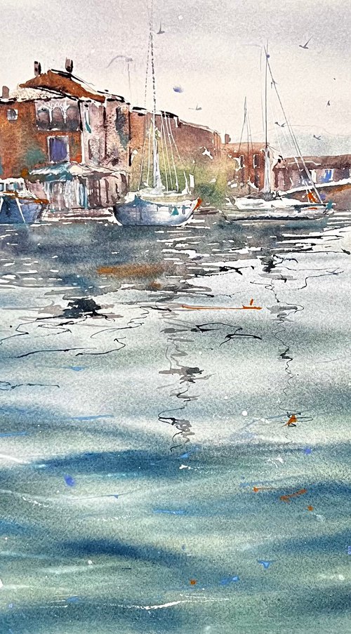 Harbour Cityshape /boats watercolor painting, Port Grimaud yachts watercolor painting by Yana Ivannikova