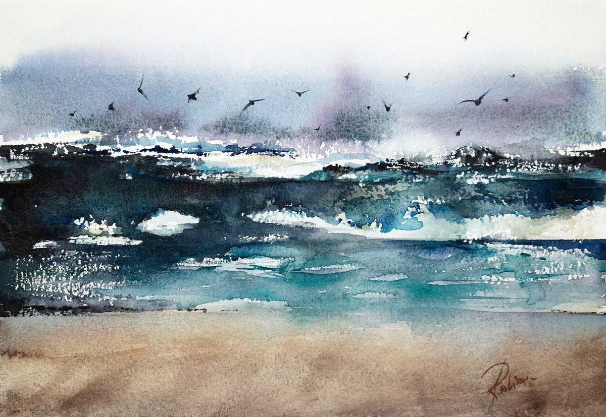 Landscape Watercolour By Andrzej Rabiega, 10 X 7, Seaside, Original Artwork