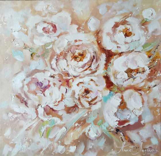 Peonies flowers painting, Textural painting on canvas